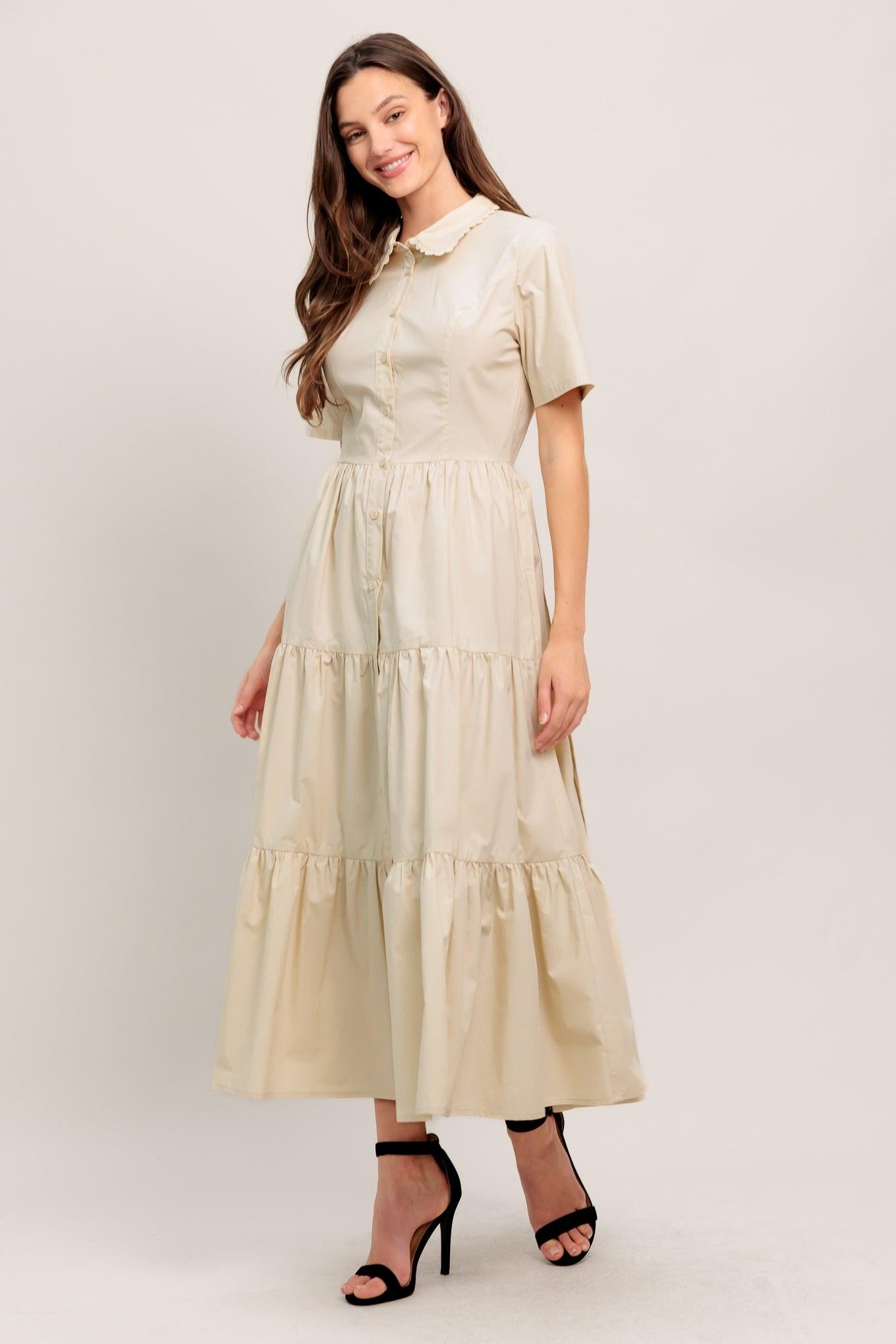 Worth the Wait Woven Midi Dress in beige, view 3 — Soul Flow Apparel
