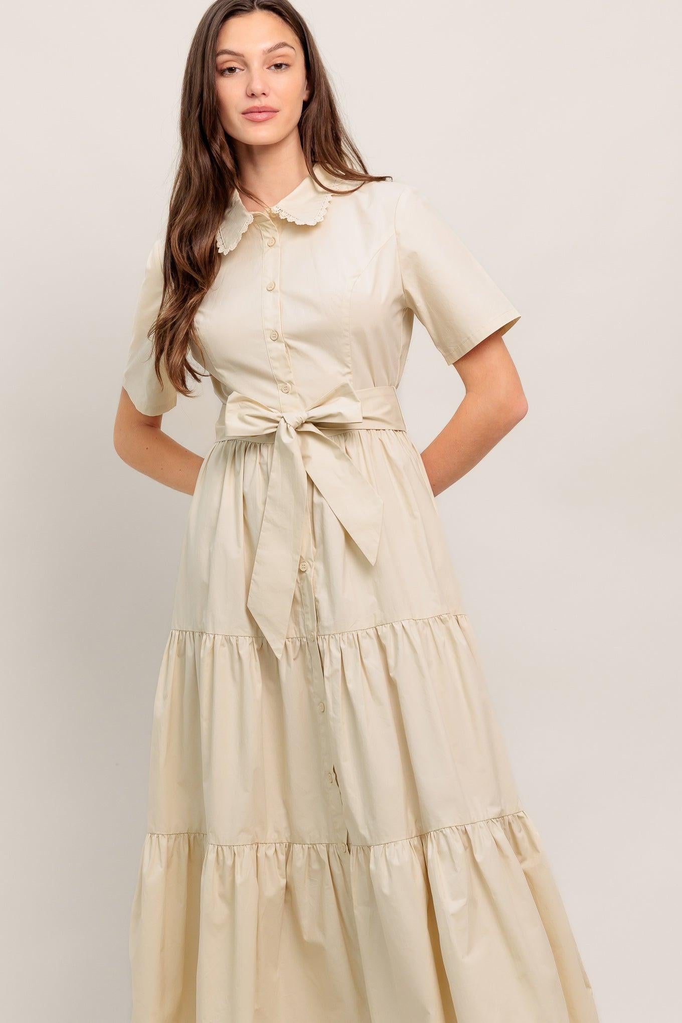 Worth the Wait Woven Midi Dress in beige, view 4 — Soul Flow Apparel