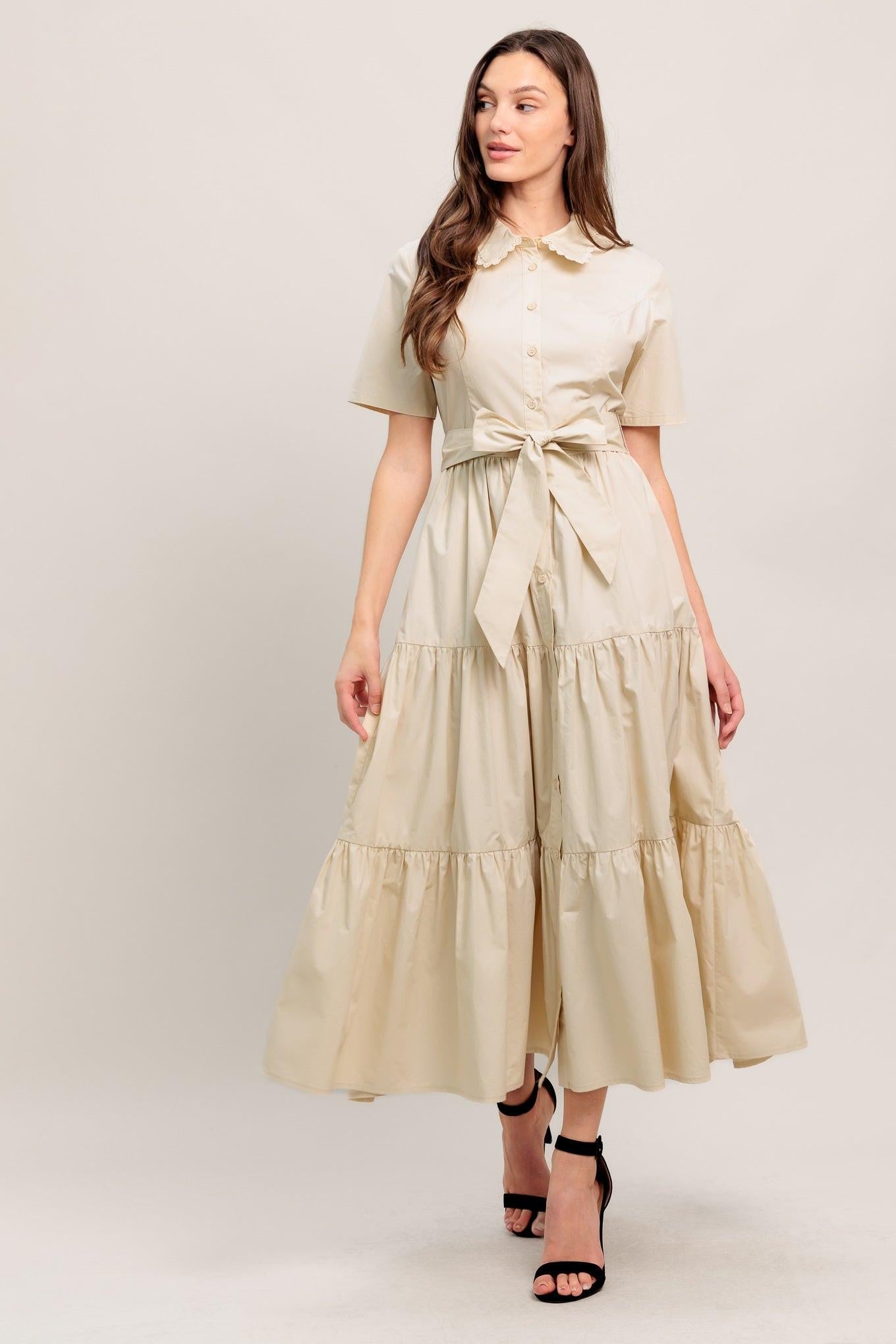 Worth the Wait Woven Midi Dress in beige, view 5 — Soul Flow Apparel