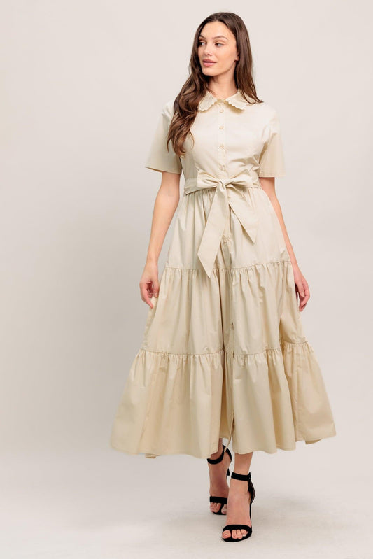 Worth the Wait Woven Midi Dress in beige, view 5 — Soul Flow Apparel
