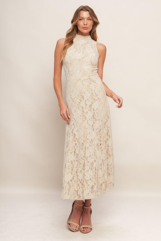 Elegant Floral Stretch Lace Midi Dress in beige, view 1 — Soul Flow Apparel
