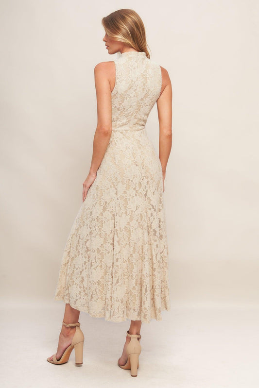 Elegant Floral Stretch Lace Midi Dress in beige, view 5 — Soul Flow Apparel