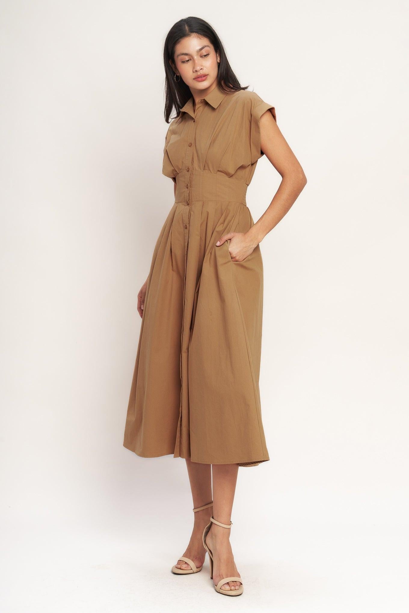 Love You More Woven Midi Dress in caramel, view 1 — Soul Flow Apparel