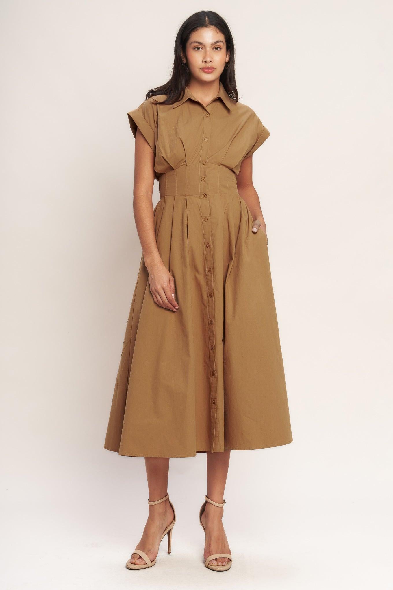 Love You More Woven Midi Dress in caramel, view 1 — Soul Flow Apparel