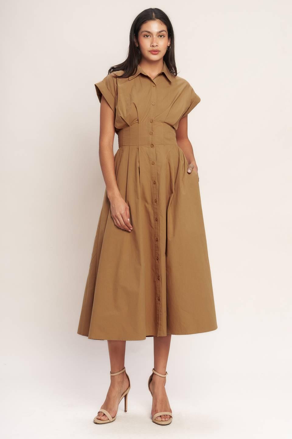 Love You More Woven Midi Dress in caramel, view 2 — Soul Flow Apparel