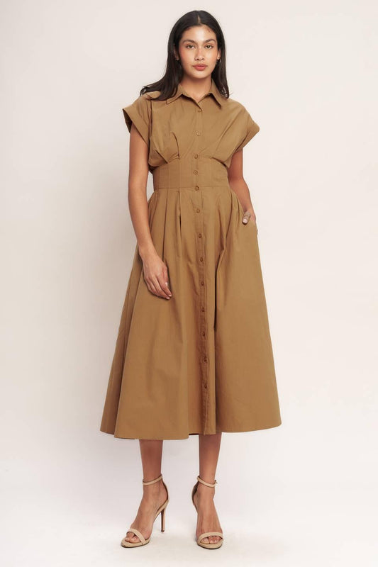 Love You More Woven Midi Dress in caramel, view 2 — Soul Flow Apparel