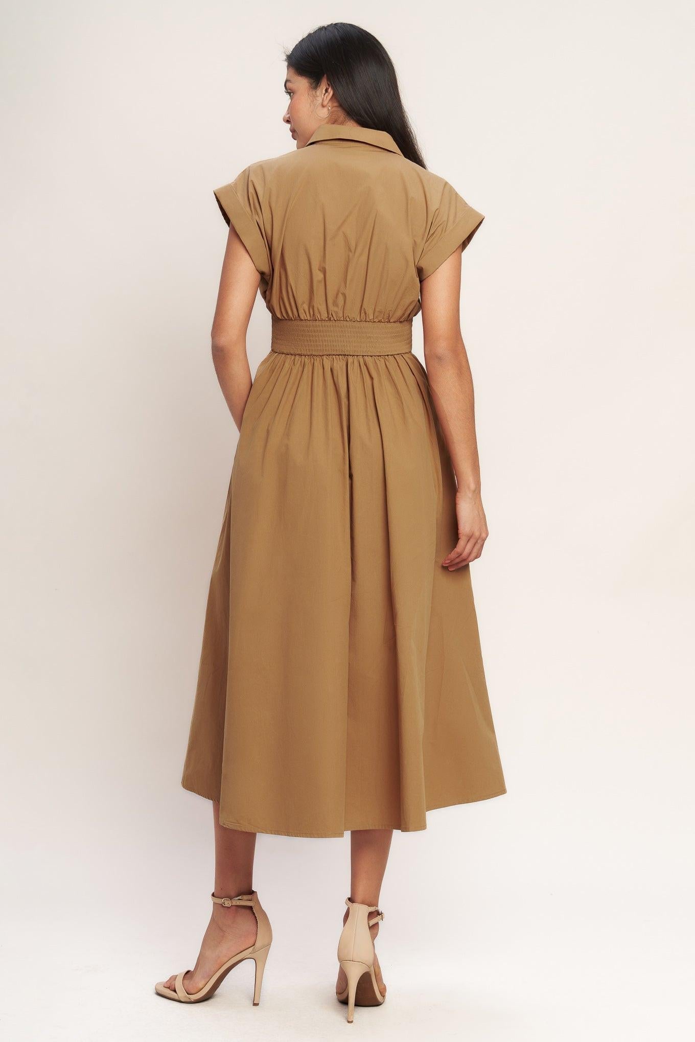 Love You More Woven Midi Dress in caramel, view 3 — Soul Flow Apparel