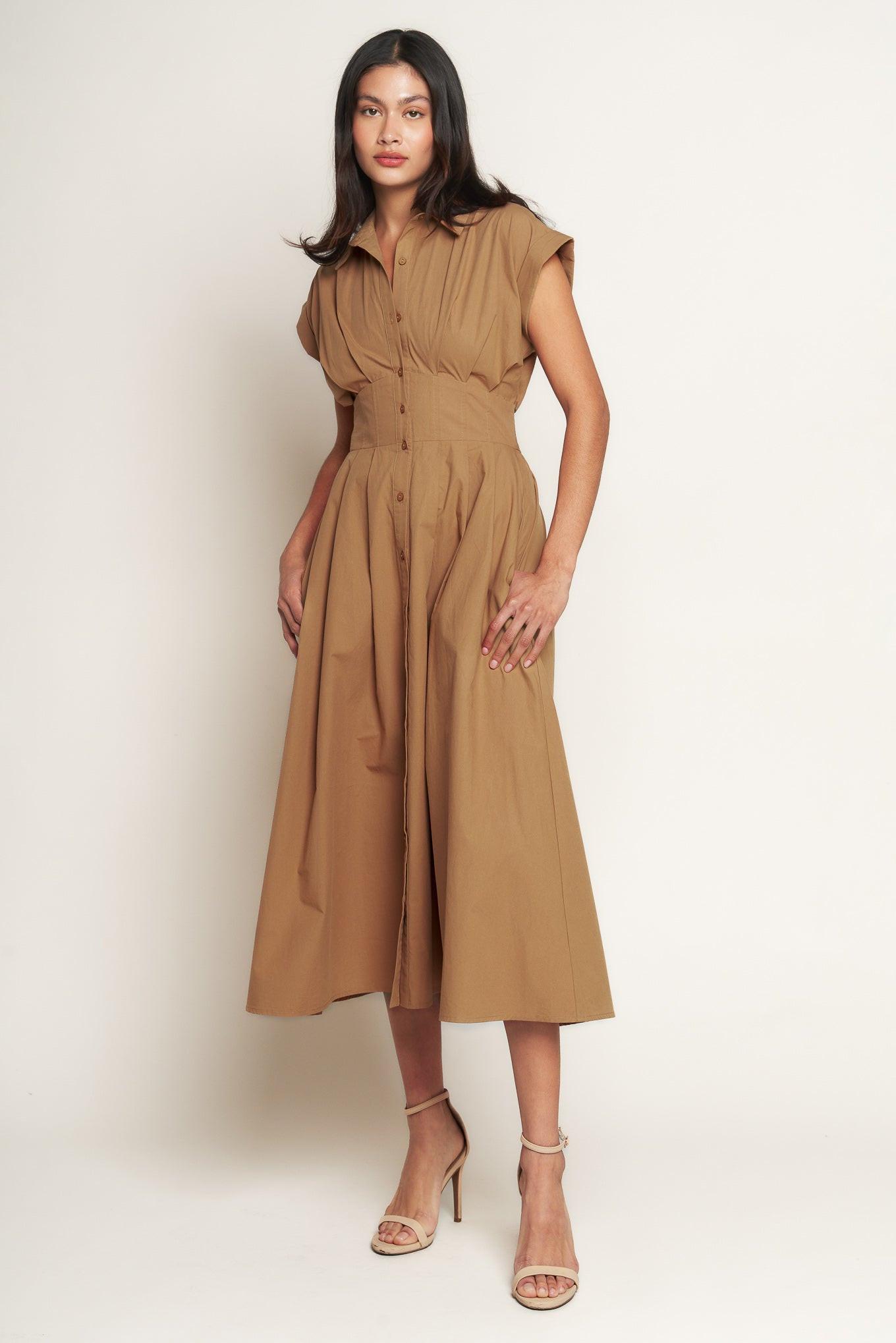 Love You More Woven Midi Dress in caramel, view 5 — Soul Flow Apparel