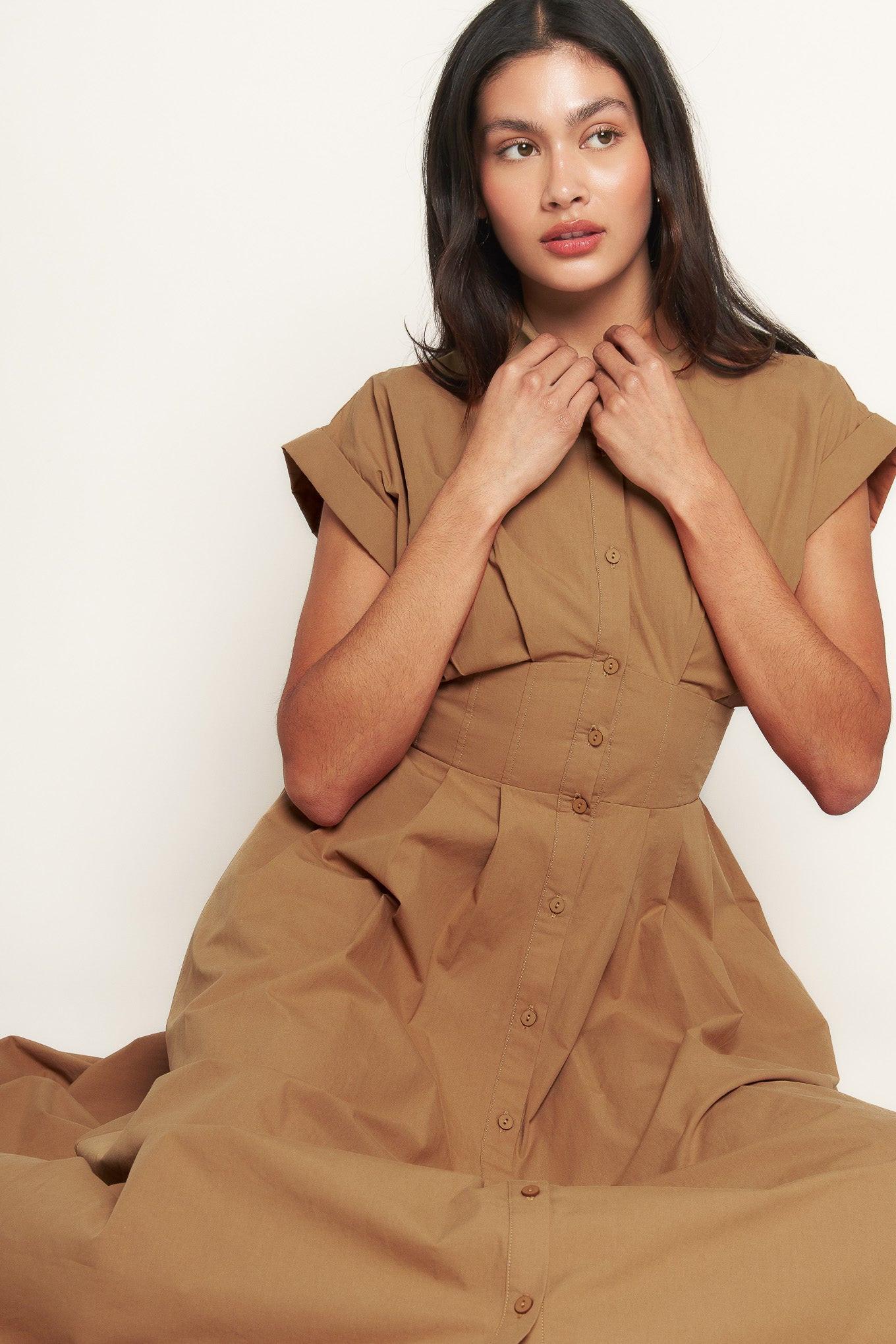 Love You More Woven Midi Dress in caramel, view 7 — Soul Flow Apparel