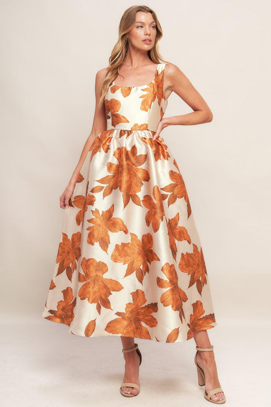 Autumnal Floral Woven Midi Dress in cream rust, view 1 — Soul Flow Apparel