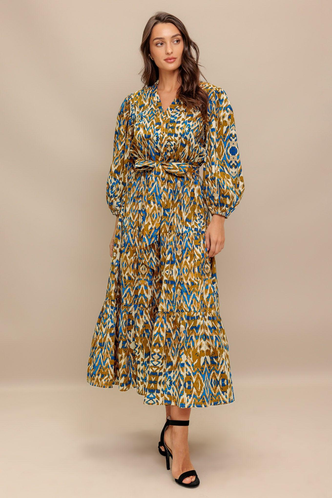 Terra Vision Woven Midi Dress in camel brown, view 3 — Soul Flow Apparel