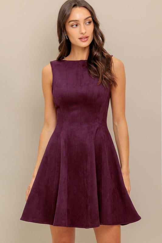 Wine in the Sun Faux Suede Mini Dress in burgundy, view 1 — Soul Flow Apparel