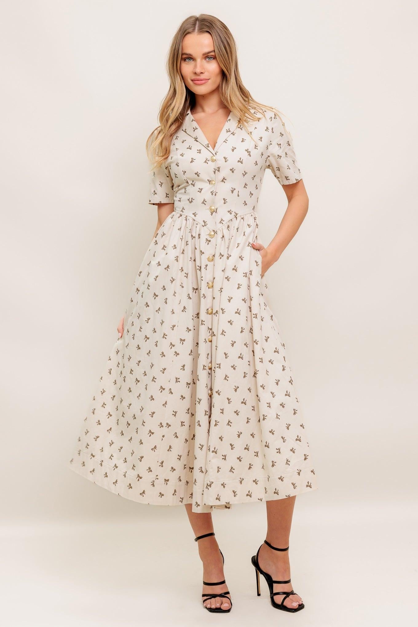 Candy Kiss Beige Woven Midi Dress, view 1 — Soul Flow Apparel