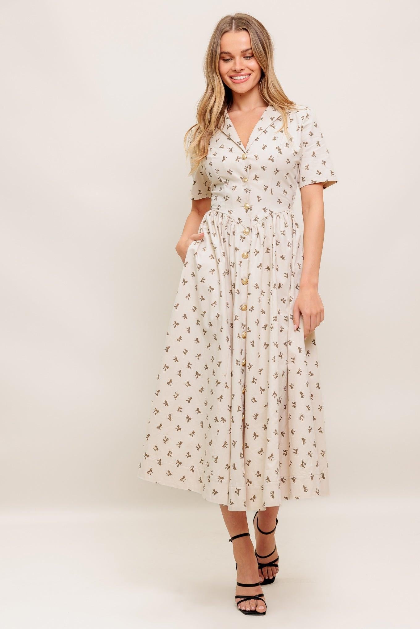 Candy Kiss Beige Woven Midi Dress, view 3 — Soul Flow Apparel