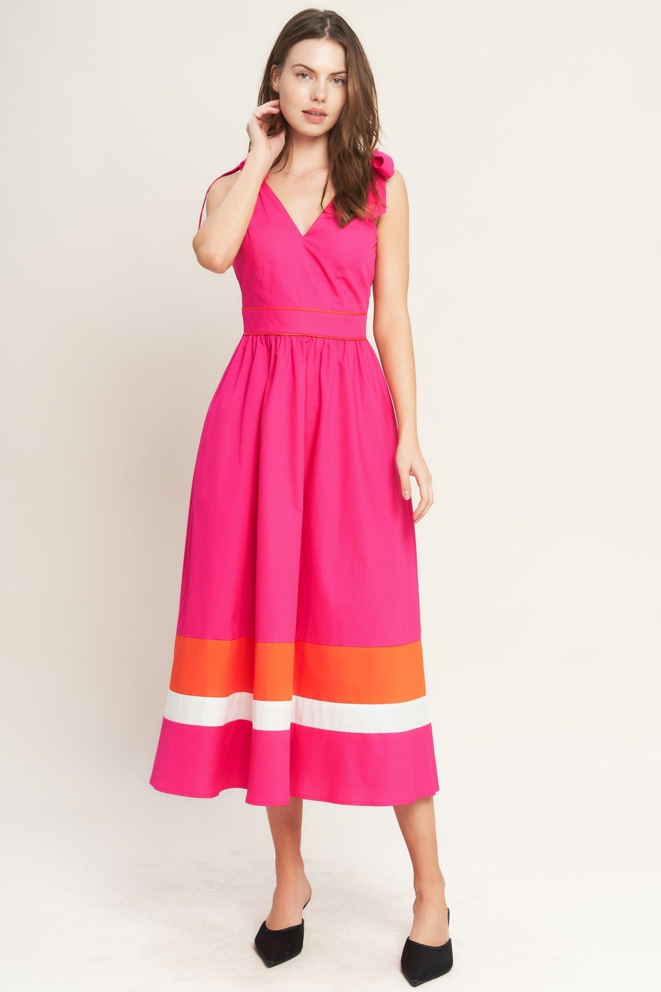 Forest Charm Fuchsia Orange Woven Midi Dress, view 1 — Soul Flow Apparel