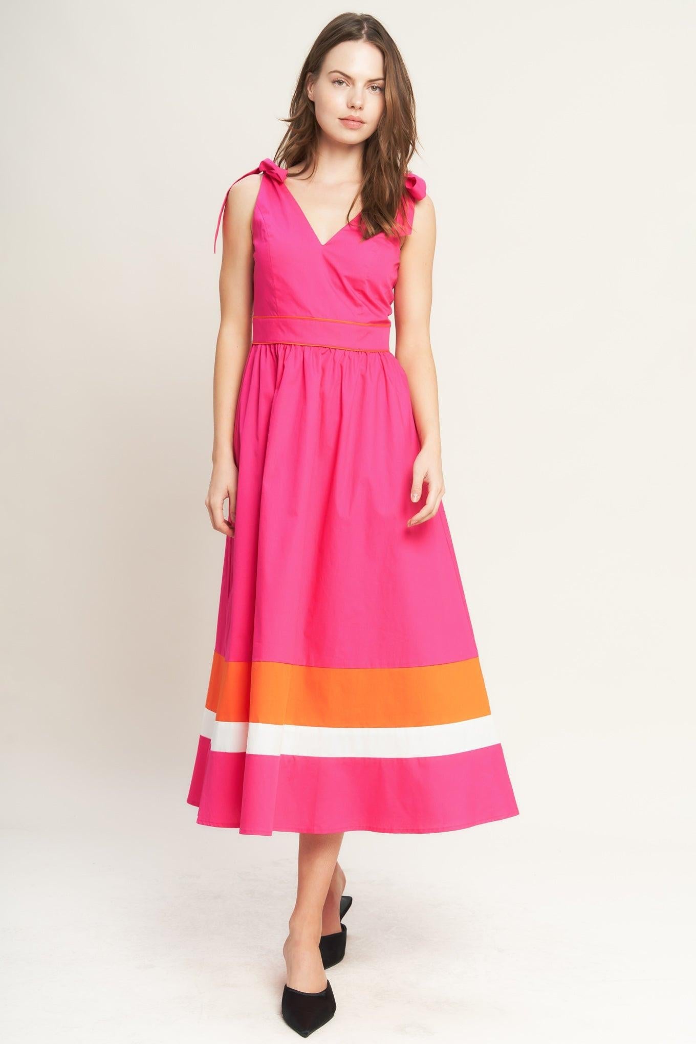 Forest Charm Fuchsia Orange Woven Midi Dress, view 2 — Soul Flow Apparel