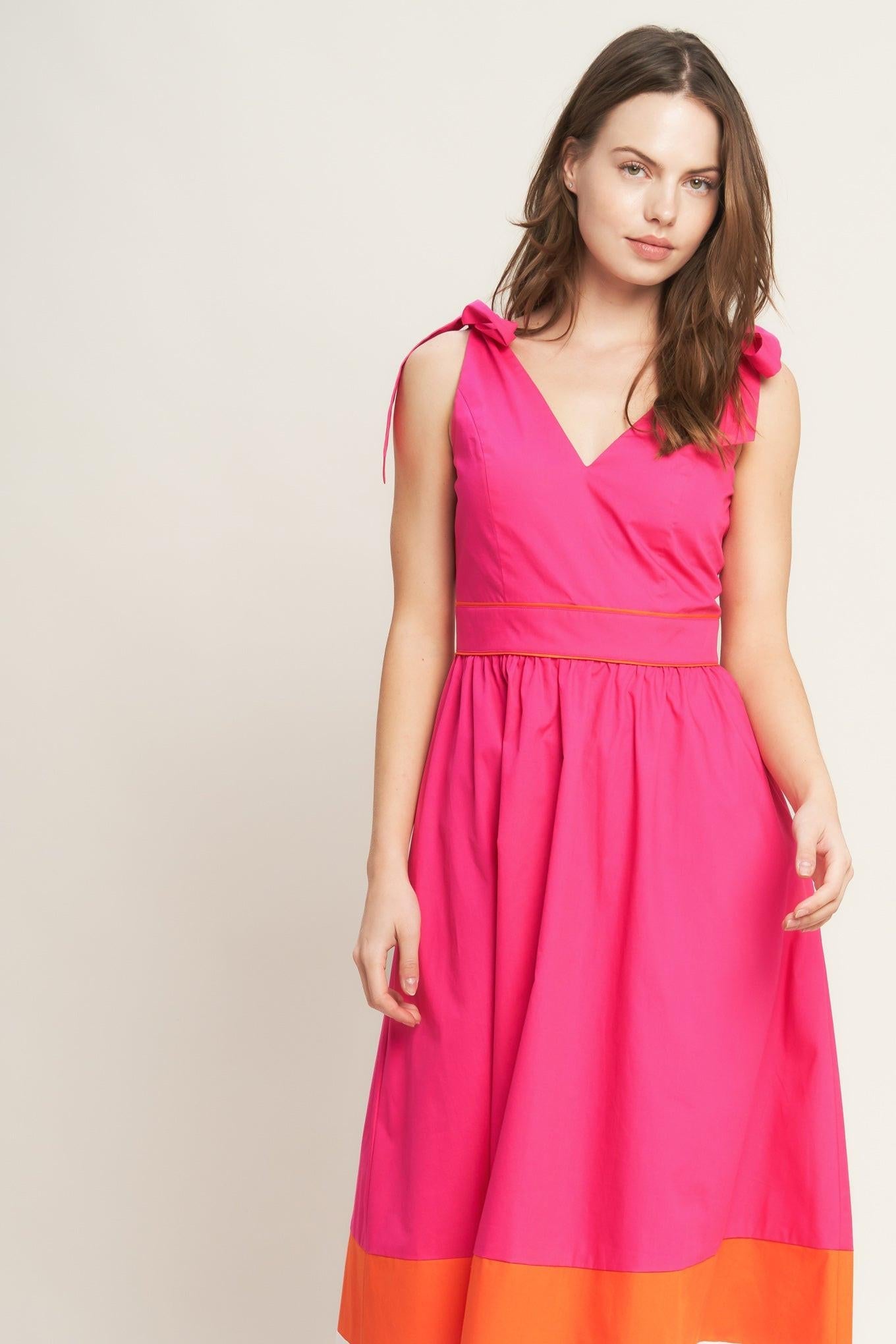 Forest Charm Fuchsia Orange Woven Midi Dress, view 3 — Soul Flow Apparel
