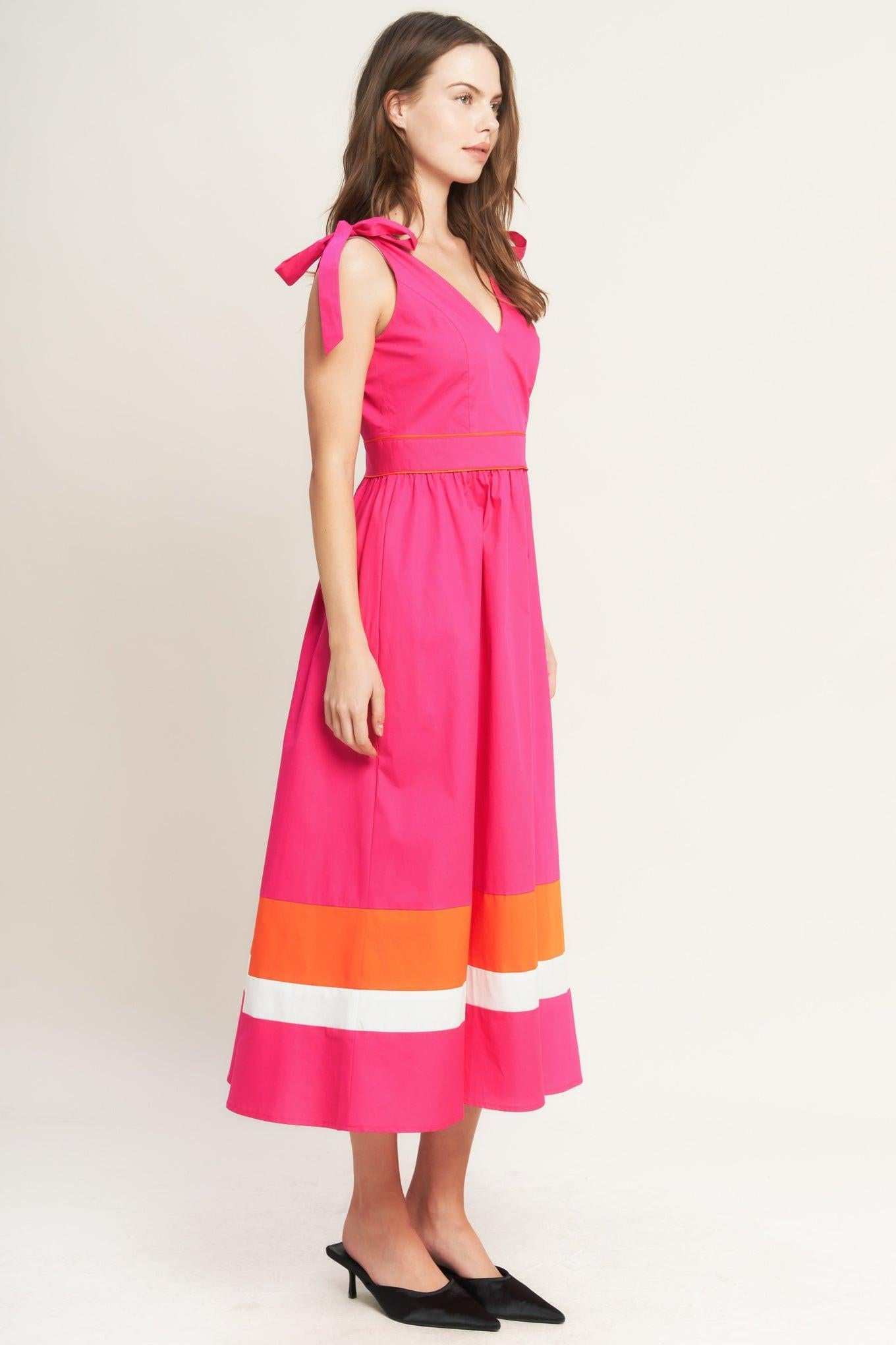 Forest Charm Fuchsia Orange Woven Midi Dress, view 4 — Soul Flow Apparel