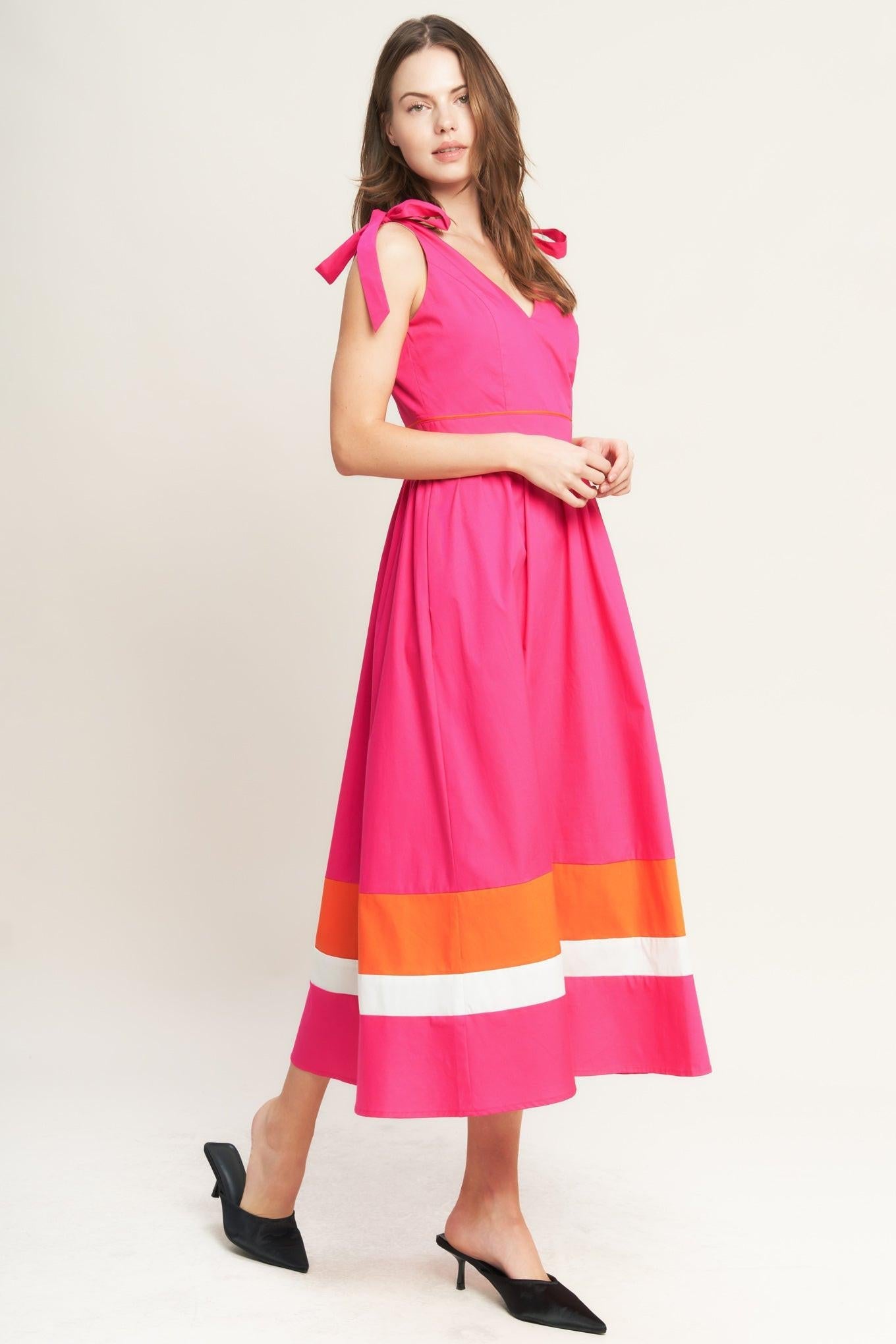 Forest Charm Fuchsia Orange Woven Midi Dress, view 5 — Soul Flow Apparel