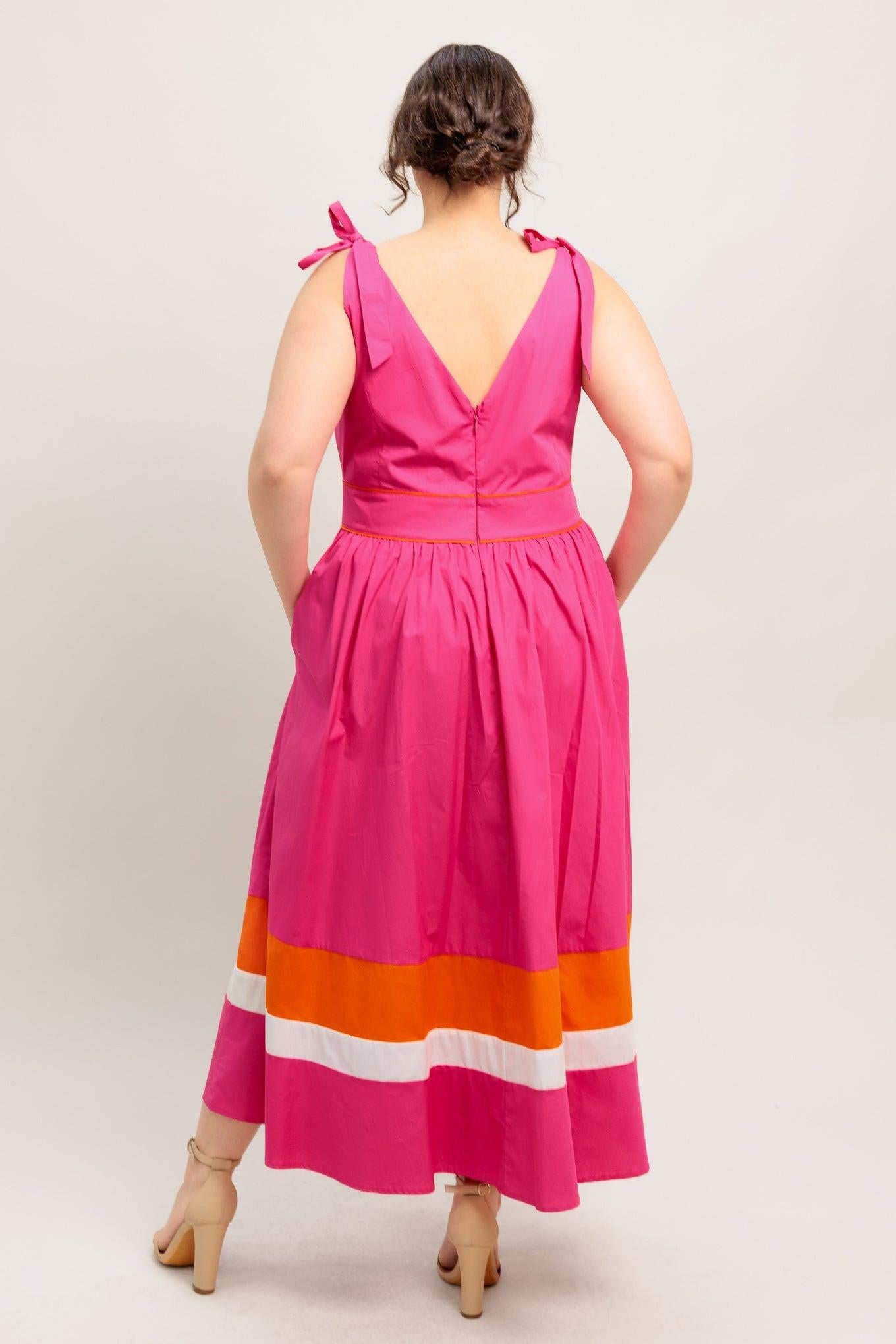 Forest Charm Fuchsia Orange Woven Midi Dress, view 6 — Soul Flow Apparel