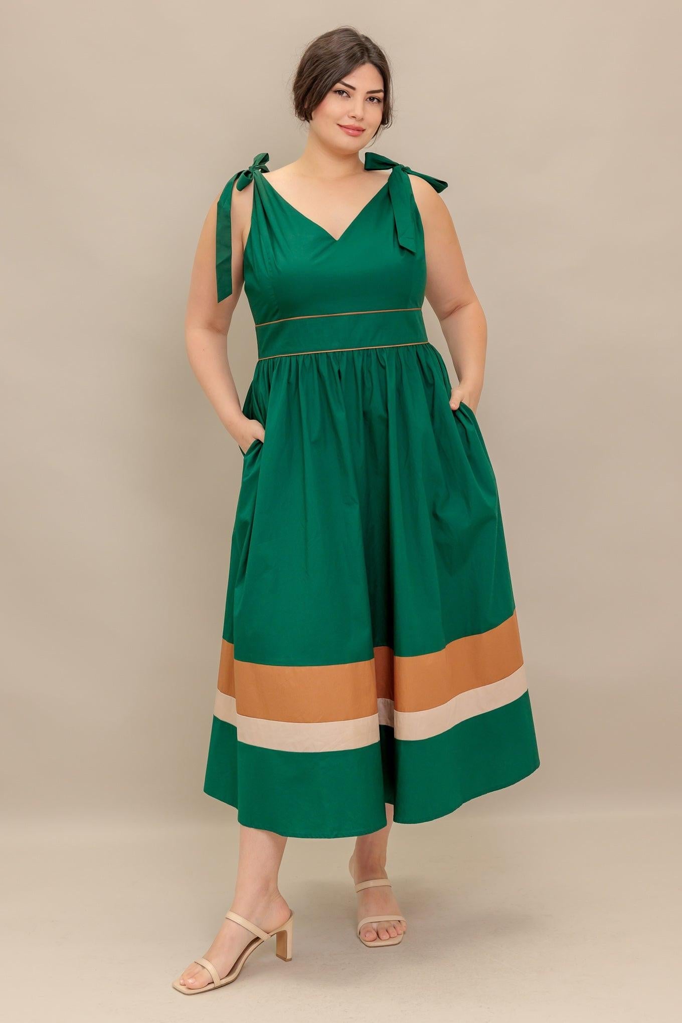 Forest Charm Woven Color Blocked Midi Dress in green taupe, view 1 — Soul Flow Apparel