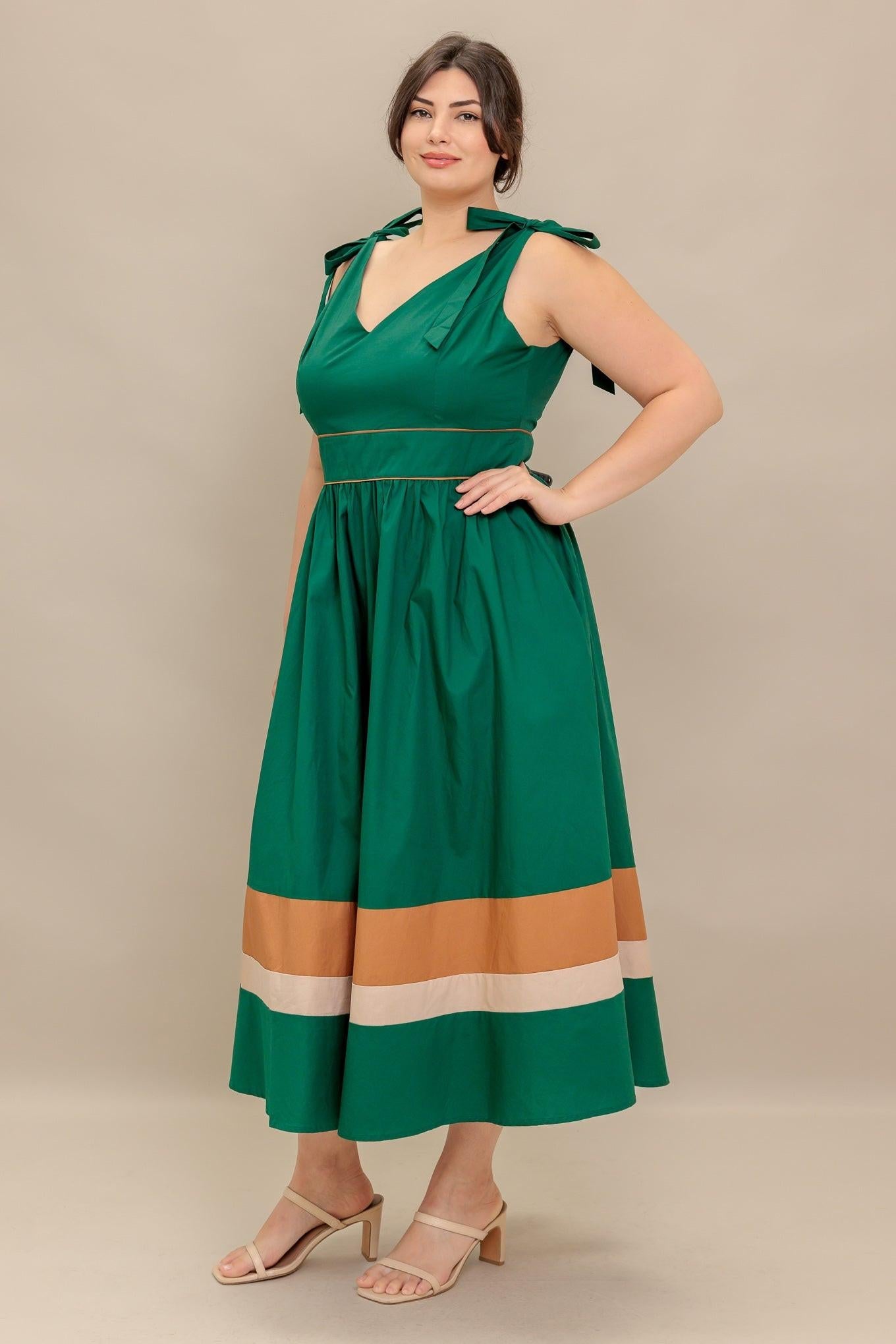Forest Charm Woven Color Blocked Midi Dress in green taupe, view 3 — Soul Flow Apparel