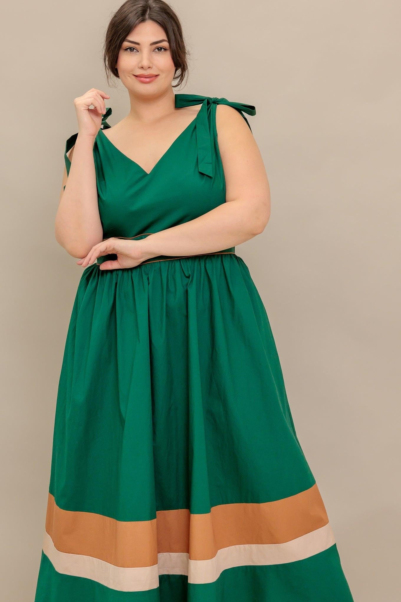 Forest Charm Woven Color Blocked Midi Dress in green taupe, view 4 — Soul Flow Apparel