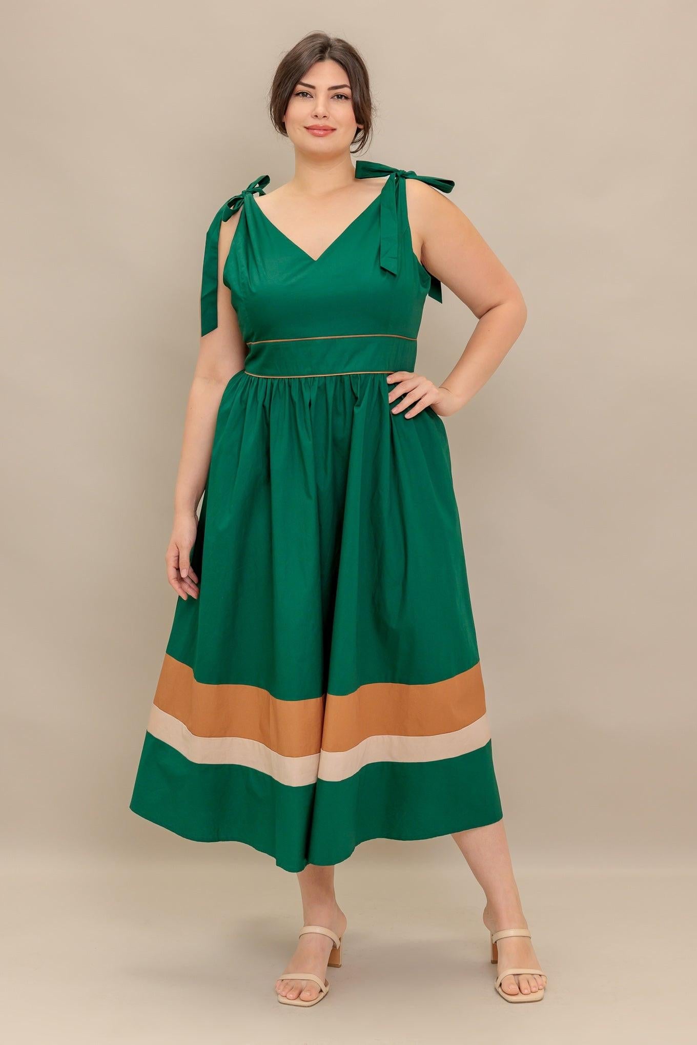 Forest Charm Woven Color Blocked Midi Dress in green taupe, view 5 — Soul Flow Apparel