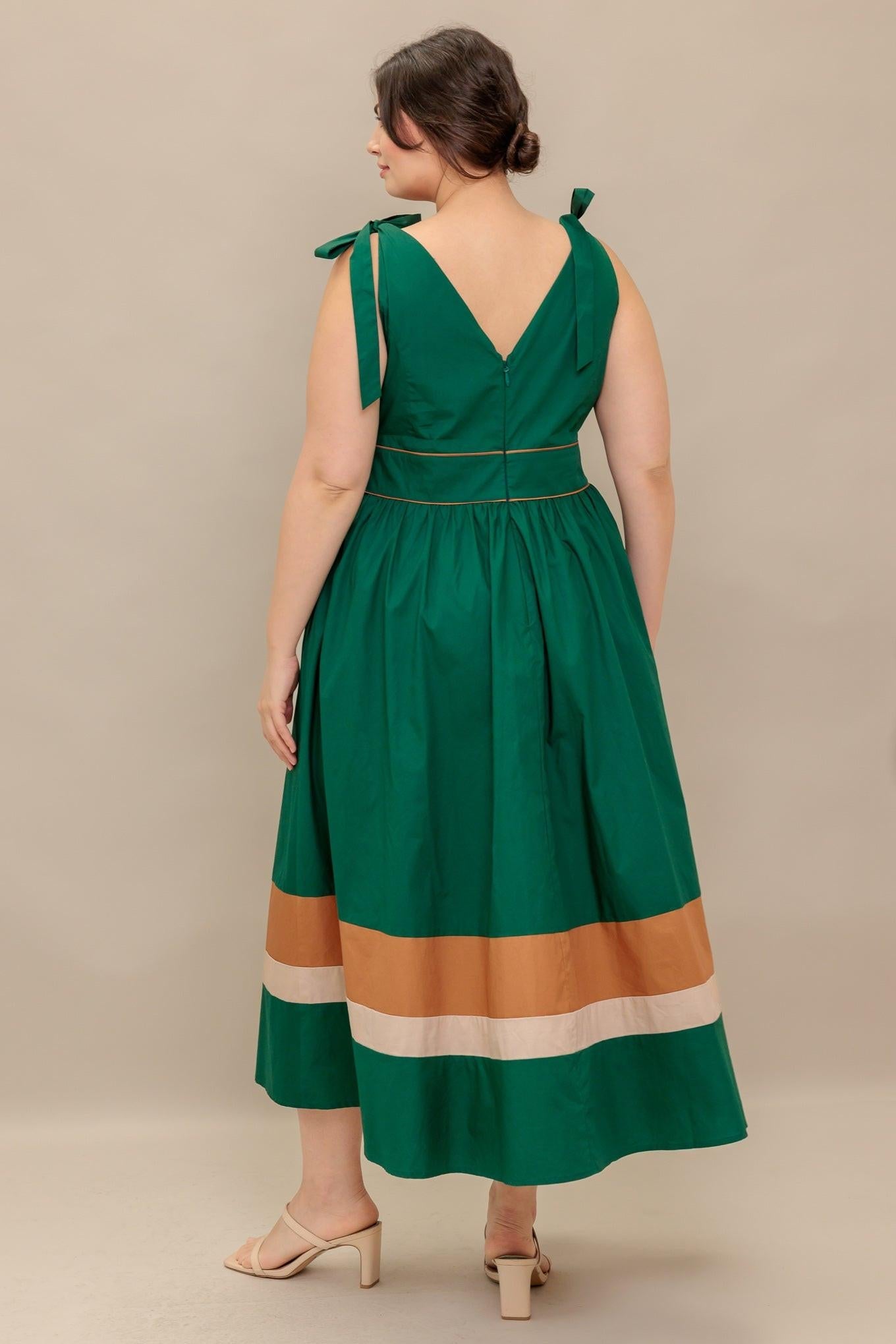Forest Charm Woven Color Blocked Midi Dress in green taupe, view 6 — Soul Flow Apparel