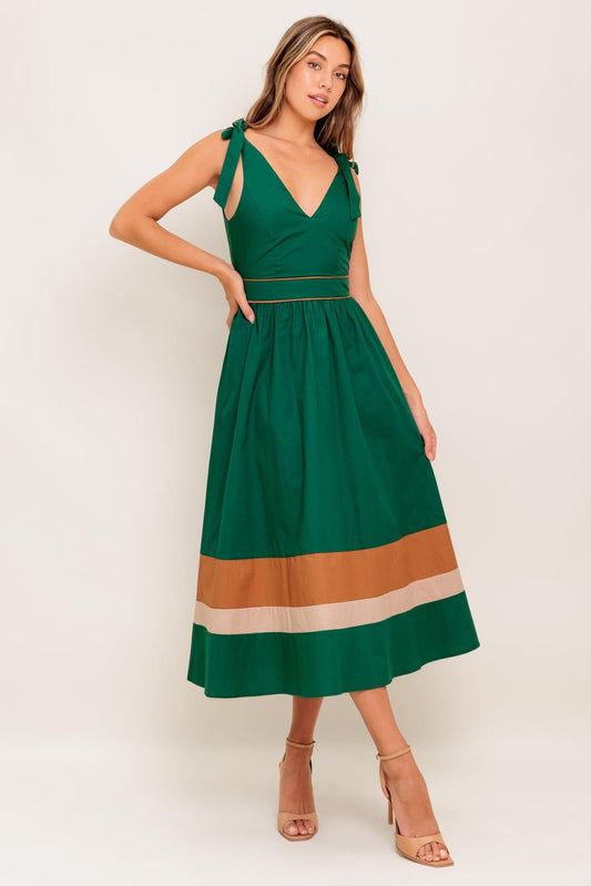 Forest Charm Woven Color Blocked Midi Dress in green taupe, view 1 — Soul Flow Apparel