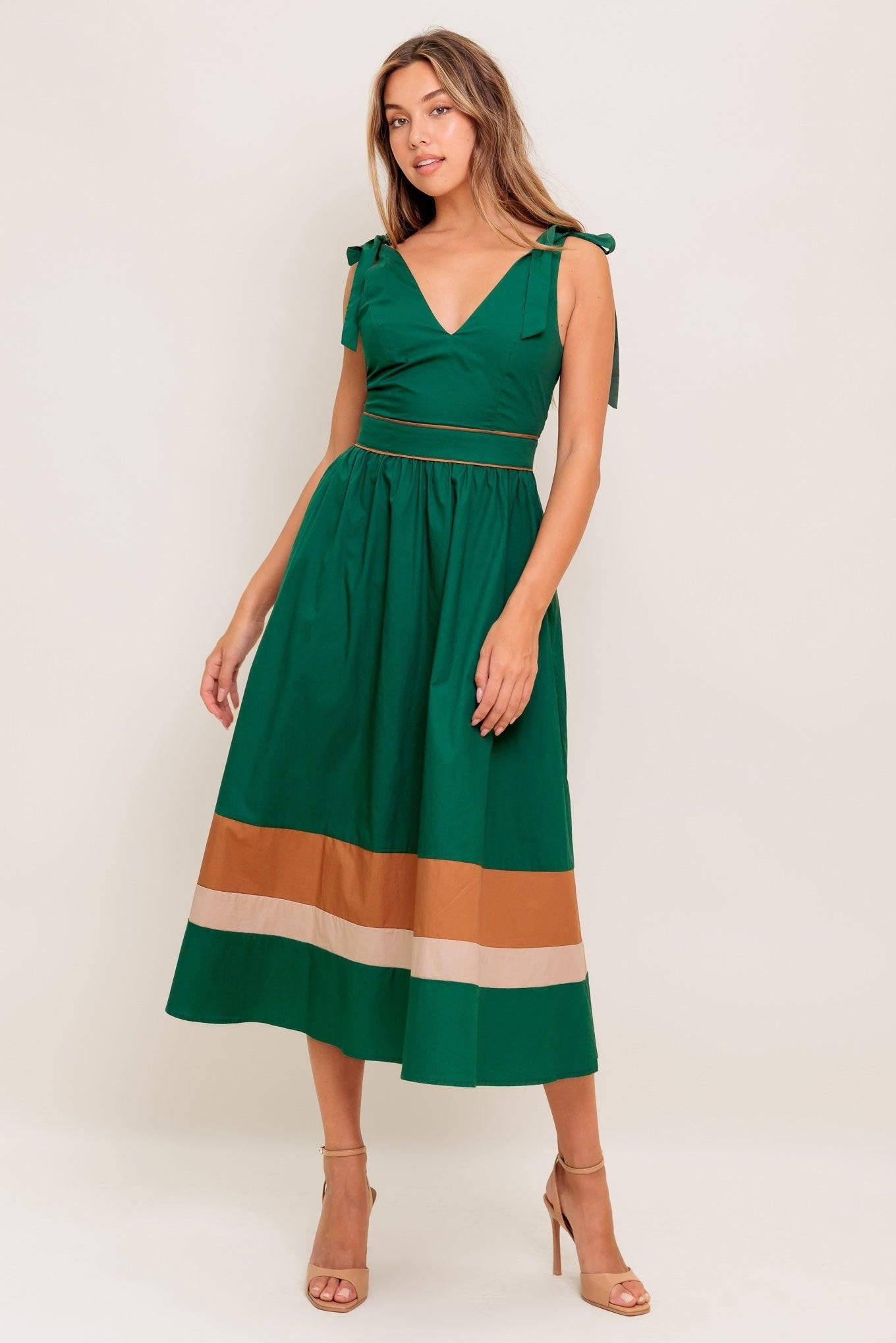 Forest Charm Woven Color Blocked Midi Dress in green taupe, view 2 — Soul Flow Apparel
