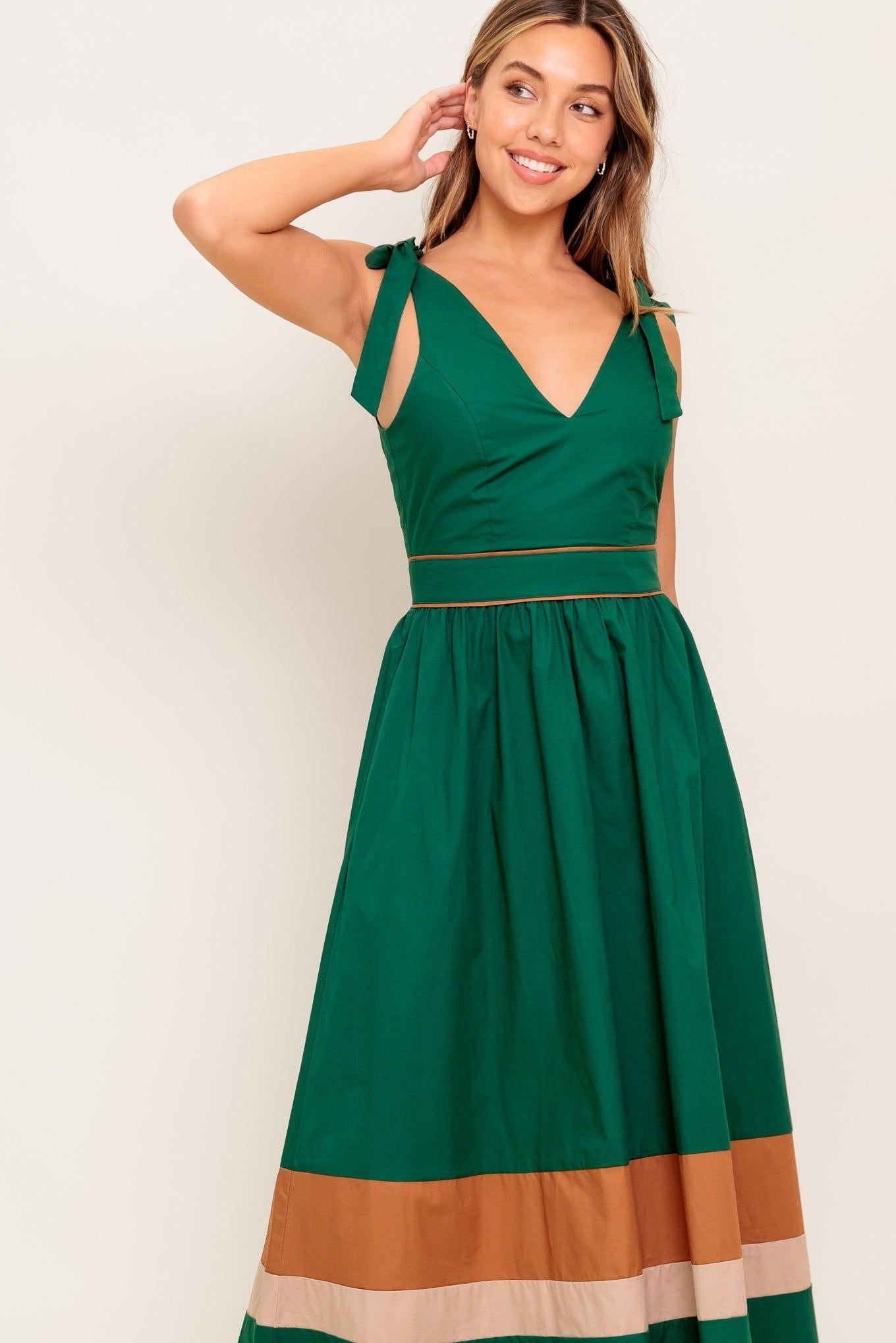 Forest Charm Woven Color Blocked Midi Dress in green taupe, view 3 — Soul Flow Apparel
