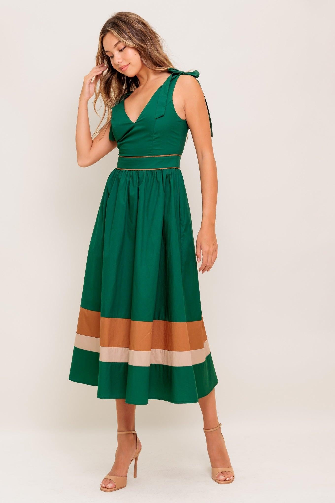 Forest Charm Woven Color Blocked Midi Dress in green taupe, view 4 — Soul Flow Apparel