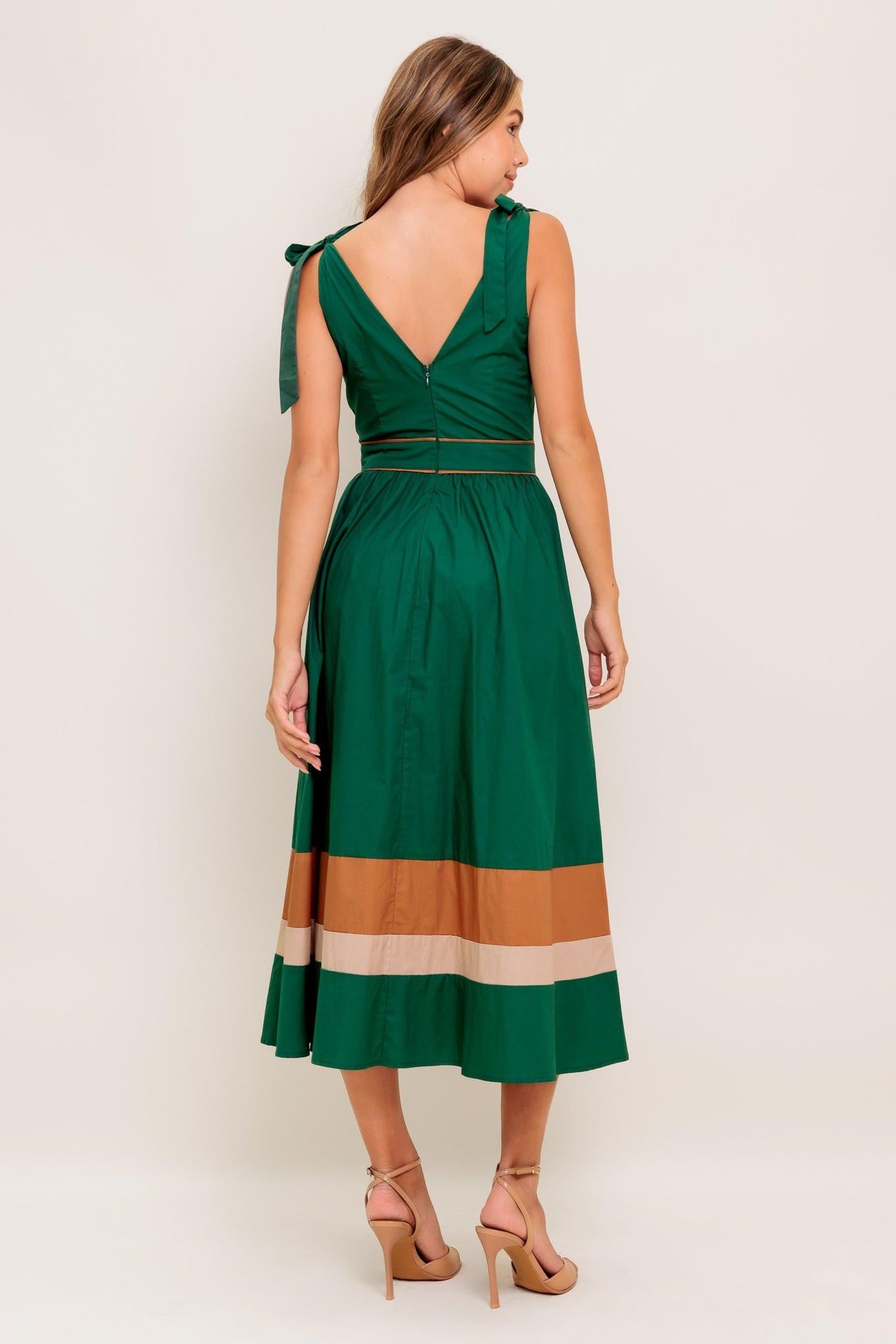 Forest Charm Woven Color Blocked Midi Dress in green taupe, view 5 — Soul Flow Apparel