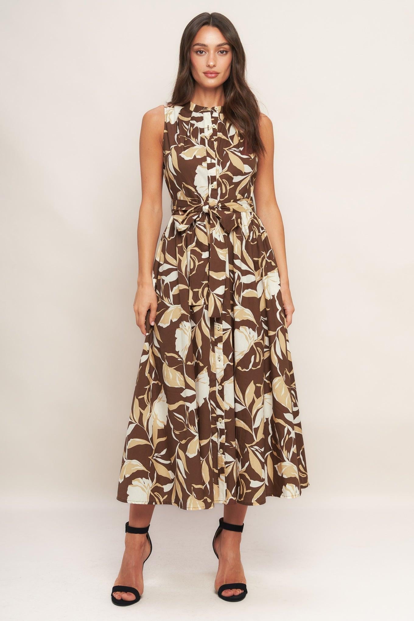 Elegant Bloom Woven Midi Dress in brown, view 1 — Soul Flow Apparel