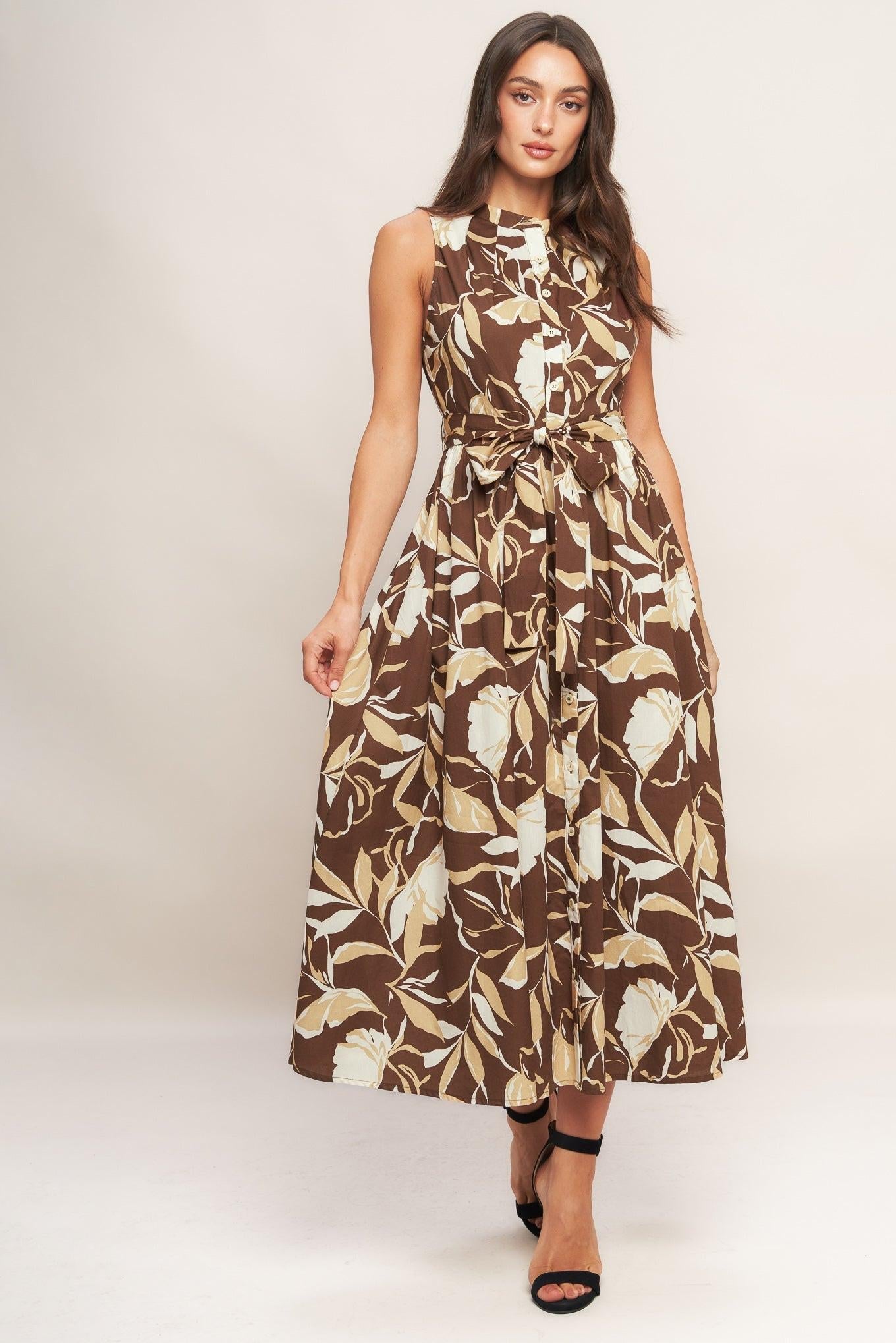 Elegant Bloom Woven Midi Dress in brown, view 3 — Soul Flow Apparel