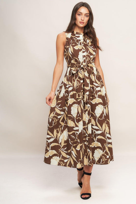 Elegant Bloom Woven Midi Dress in brown, view 3 — Soul Flow Apparel