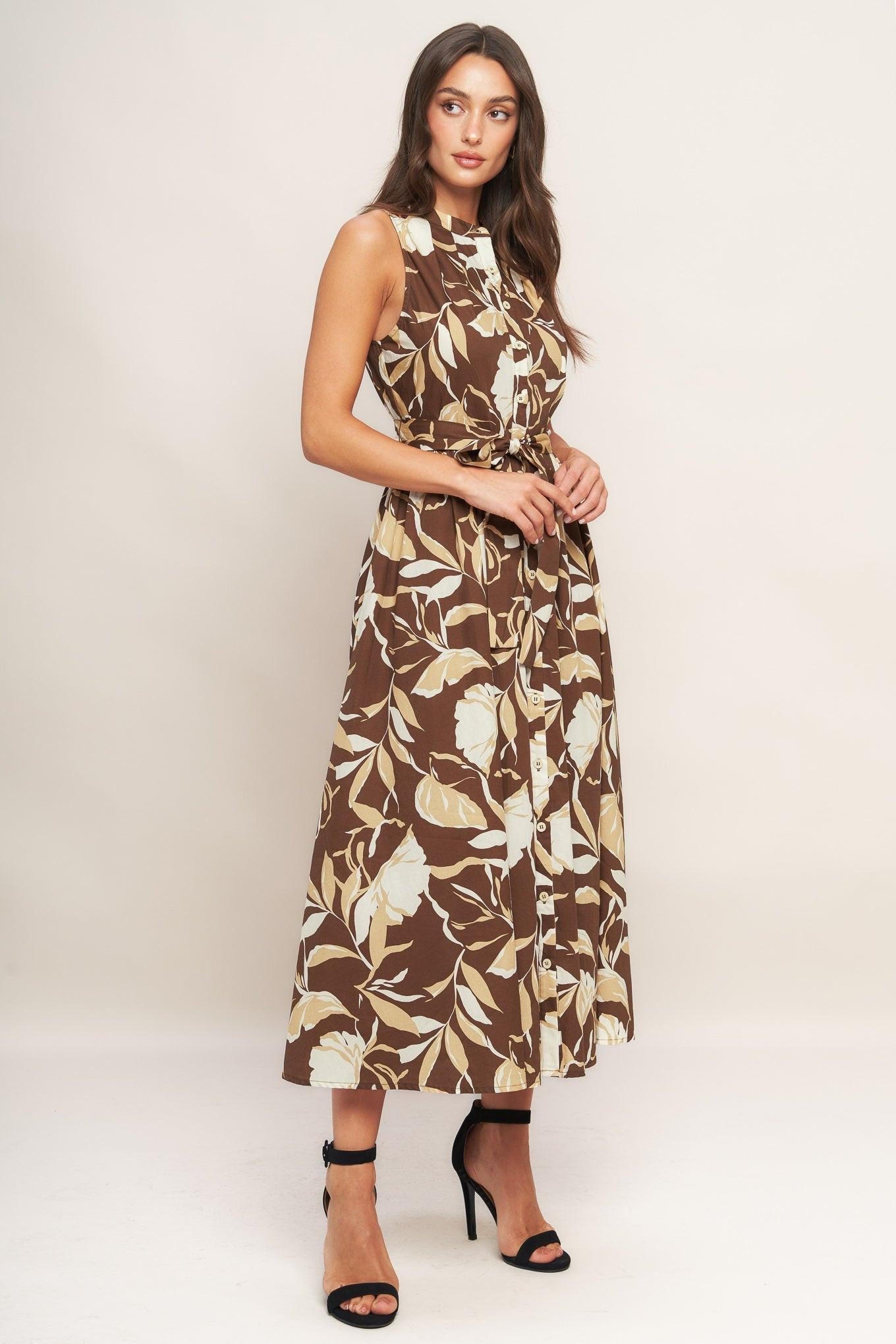 Elegant Bloom Woven Midi Dress in brown, view 4 — Soul Flow Apparel