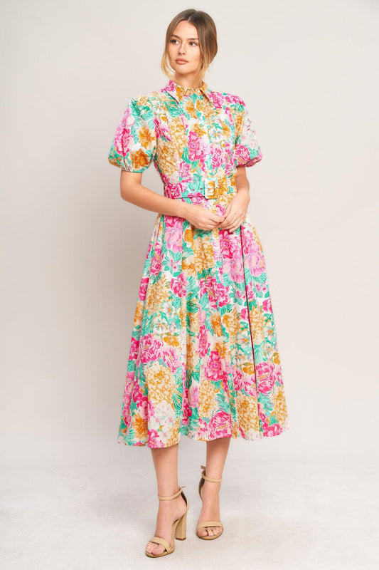 Blooming Garden Woven Midi Dress in fuchsia teal, view 2 — Soul Flow Apparel