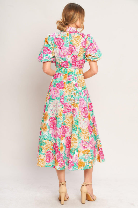 Blooming Garden Woven Midi Dress in fuchsia teal, view 7 — Soul Flow Apparel