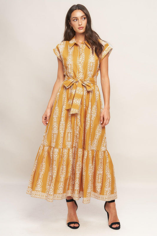 Desert Bloom Woven Midi Dress in mustard ivory, view 1 — Soul Flow Apparel