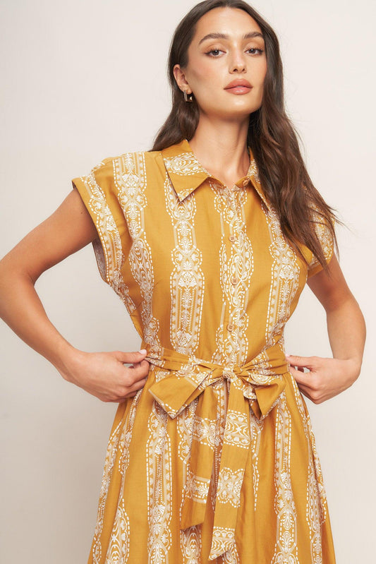 Desert Bloom Woven Midi Dress in mustard ivory, view 7 — Soul Flow Apparel