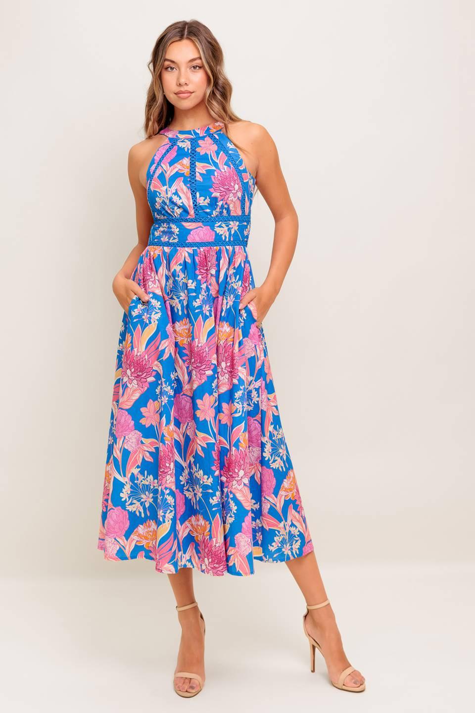Sun-Kissed Flower Woven Midi Dress in blue pink, view 1 — Soul Flow Apparel