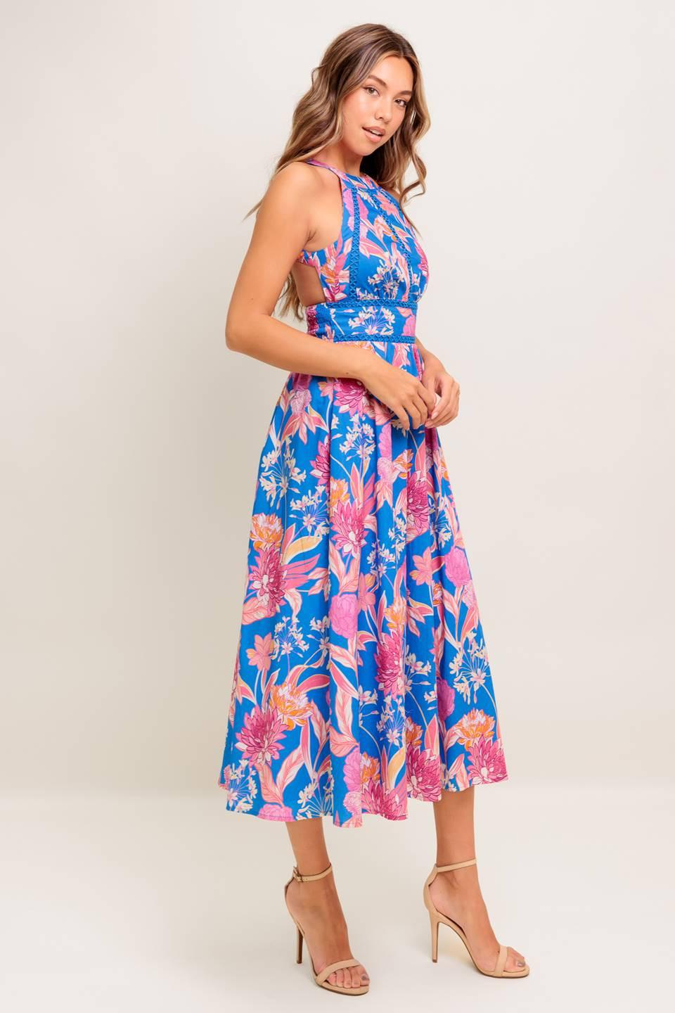 Sun-Kissed Flower Woven Midi Dress in blue pink, view 2 — Soul Flow Apparel