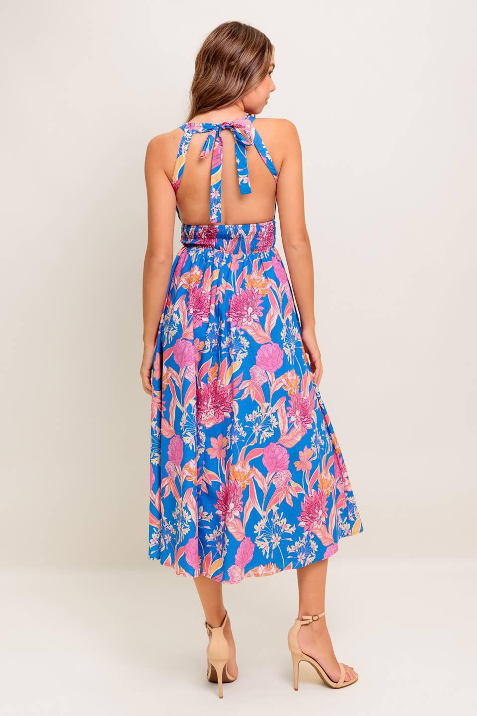 Sun-Kissed Flower Woven Midi Dress in blue pink, view 3 — Soul Flow Apparel