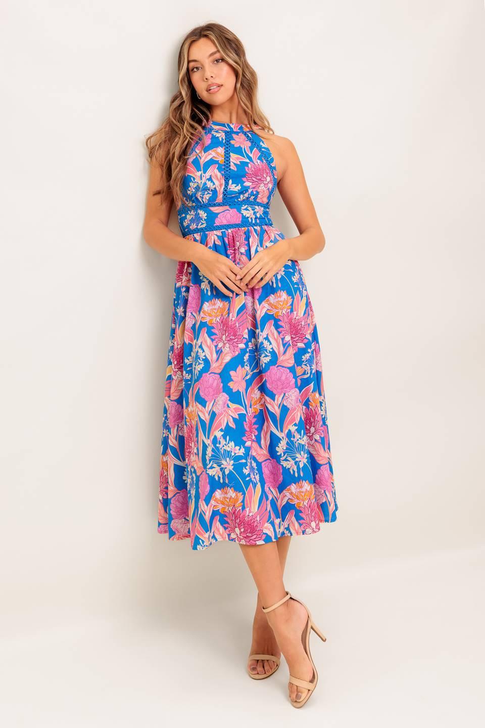 Sun-Kissed Flower Woven Midi Dress in blue pink, view 6 — Soul Flow Apparel