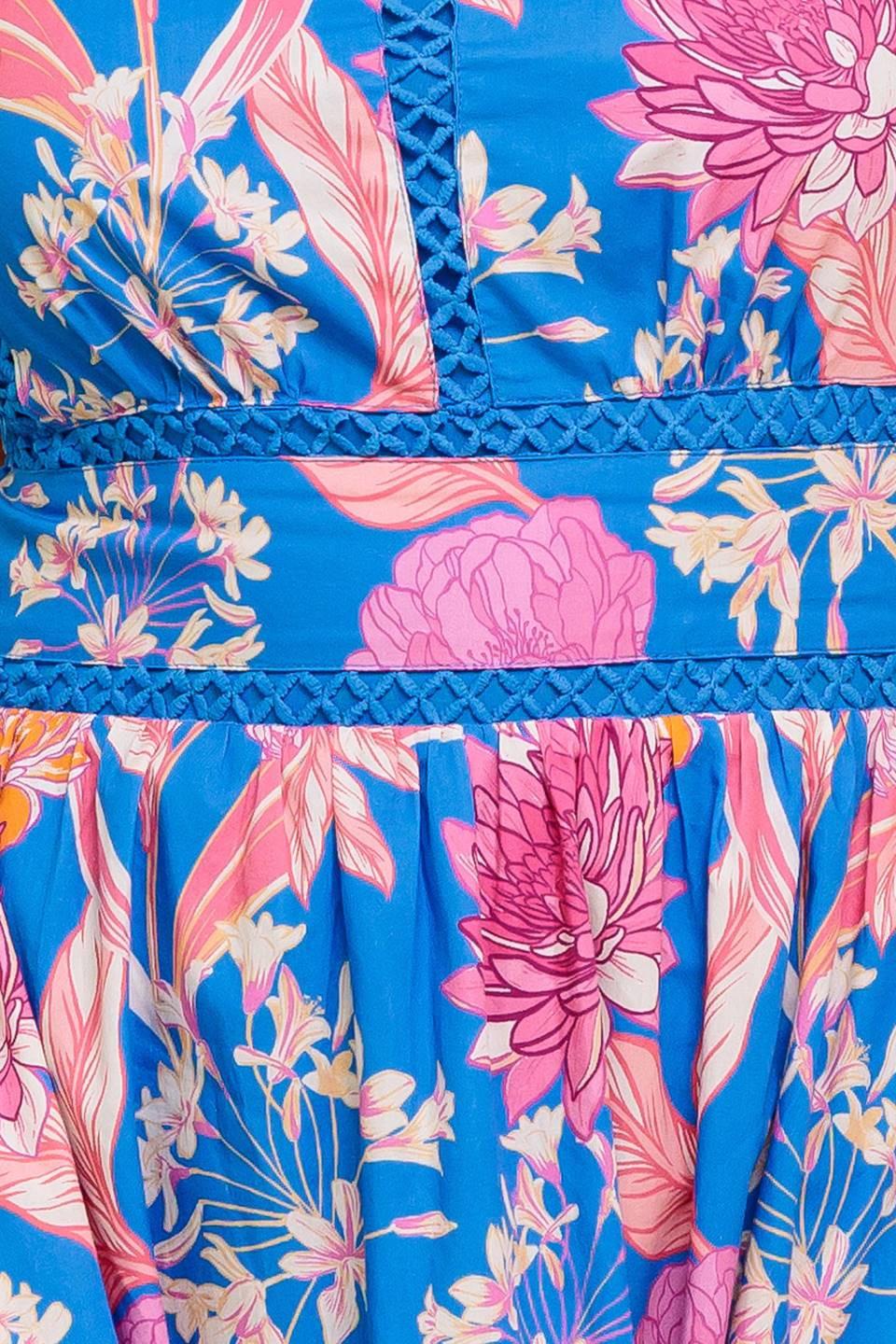 Sun-Kissed Flower Woven Midi Dress in blue pink, fabric swatch — Soul Flow Apparel