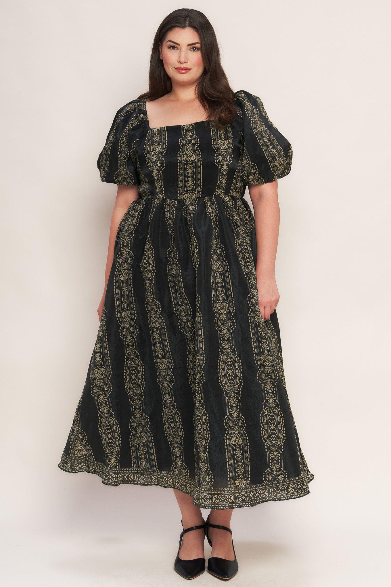 Vintage Square Woven Midi Dress in black taupe, view 1 — Soul Flow Apparel