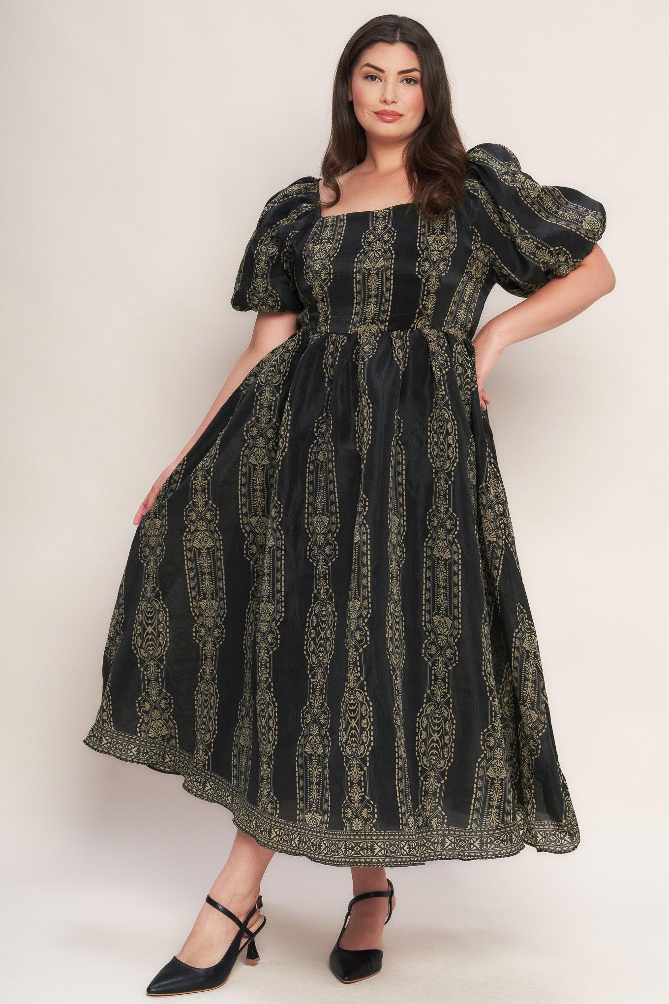 Vintage Square Woven Midi Dress in black taupe, view 2 — Soul Flow Apparel