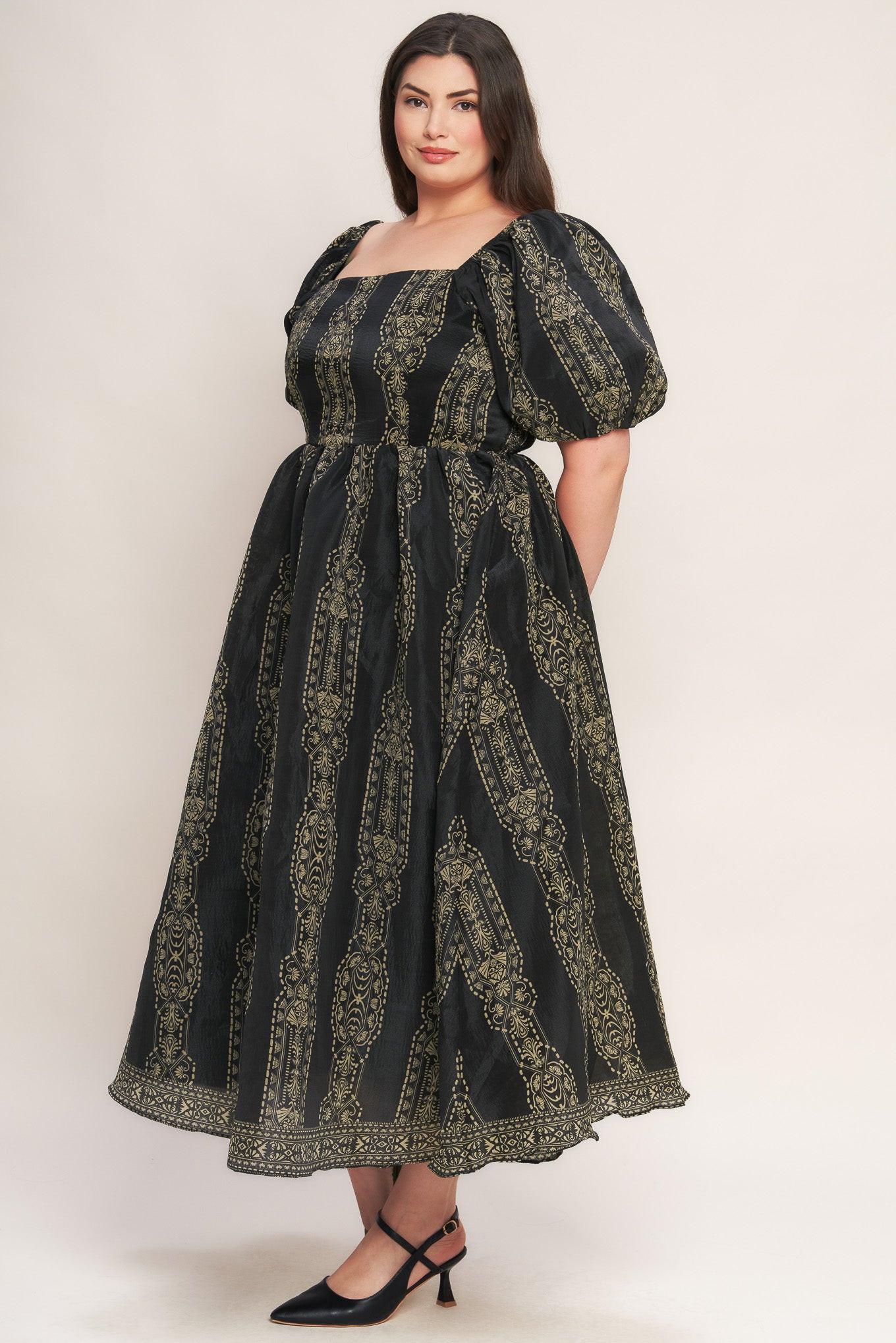 Vintage Square Woven Midi Dress in black taupe, view 3 — Soul Flow Apparel